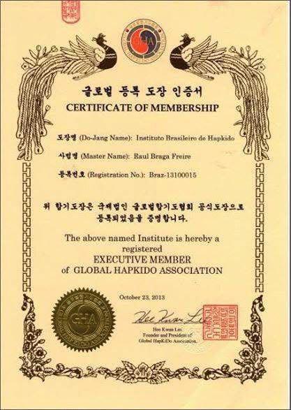 Certificado de representação global da Global Hapkido Association