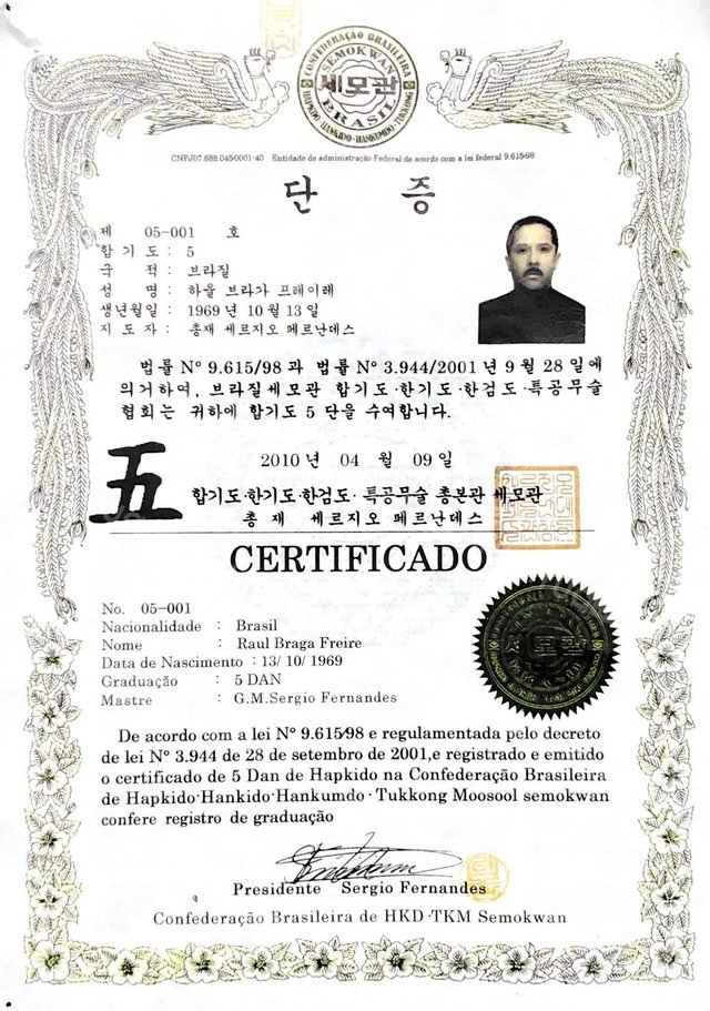 Certificado de 5º DAN de Tukkong, Korea Tukkong Association, 2010