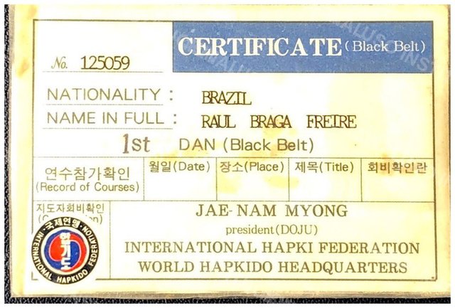 Certificado internacional de 1º DAN de Hapkido, IHF, 1994