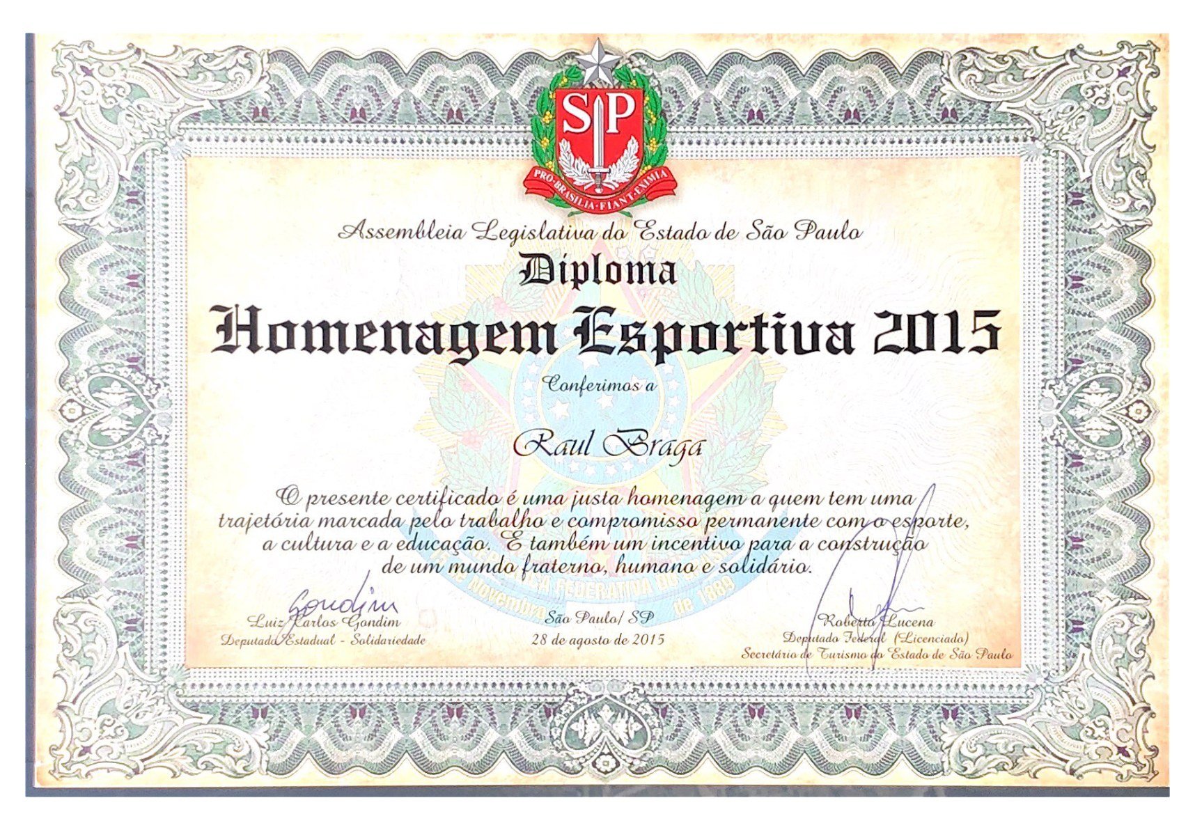 Diploma Homenagem Esportiva 2015, Assembleia Legislativa do Estado de São Paulo