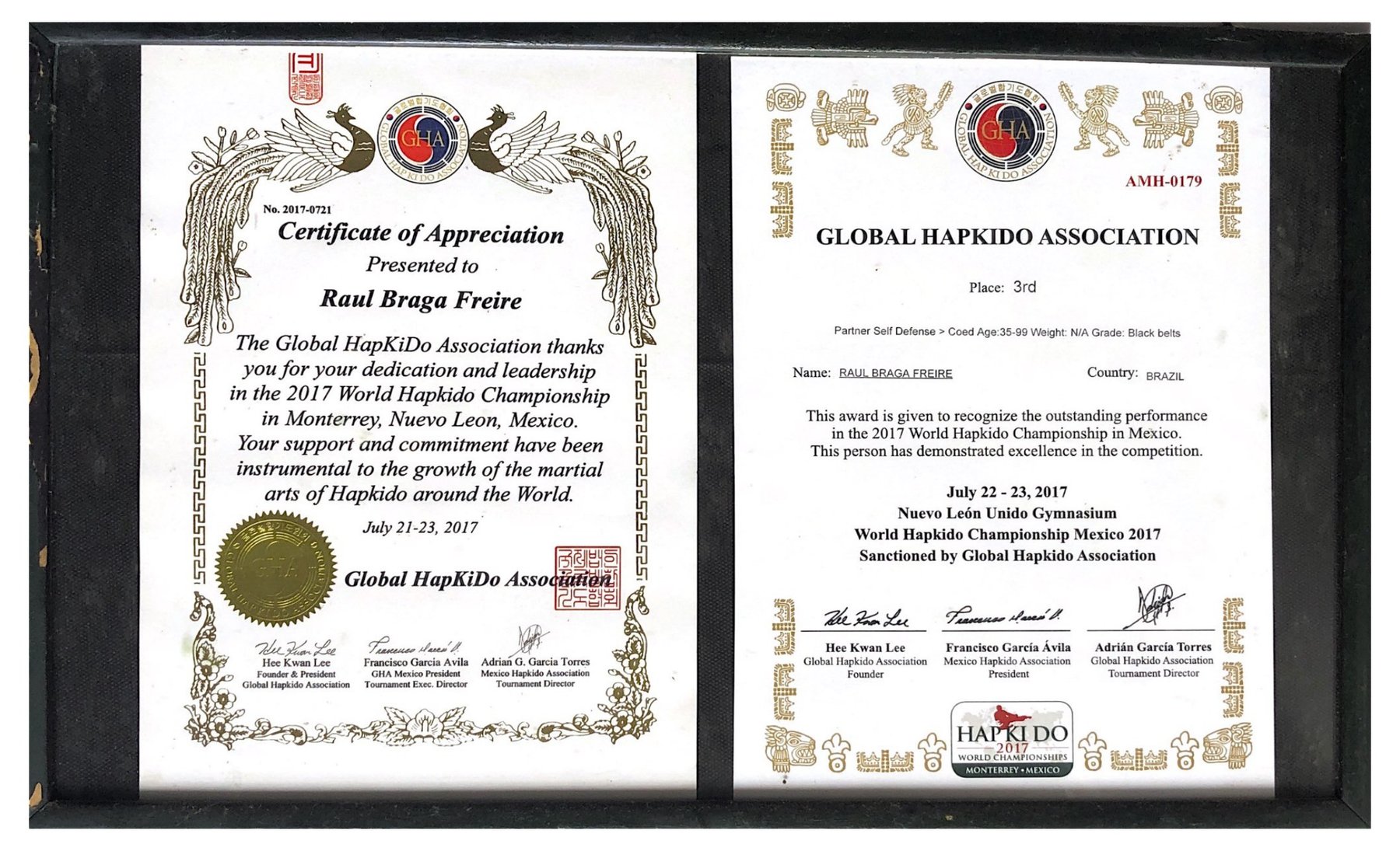Certificate of Appreciation e Certificado de Participação, Global HapKiDo Association, World Hapkido Championship Cup, México, 2017
