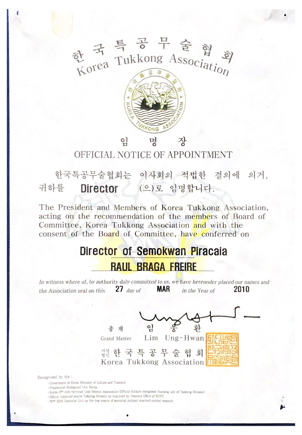 Official Notice of Appointment — Diretor do Semokwan Piracaia, Korea Tukkong Association, 2010
