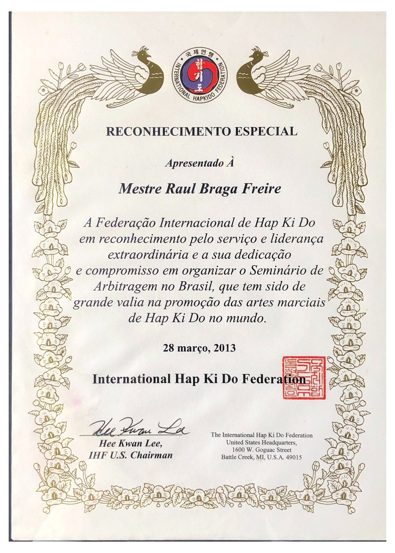 Reconhecimento Especial, International Hap Ki Do Federation, 2013