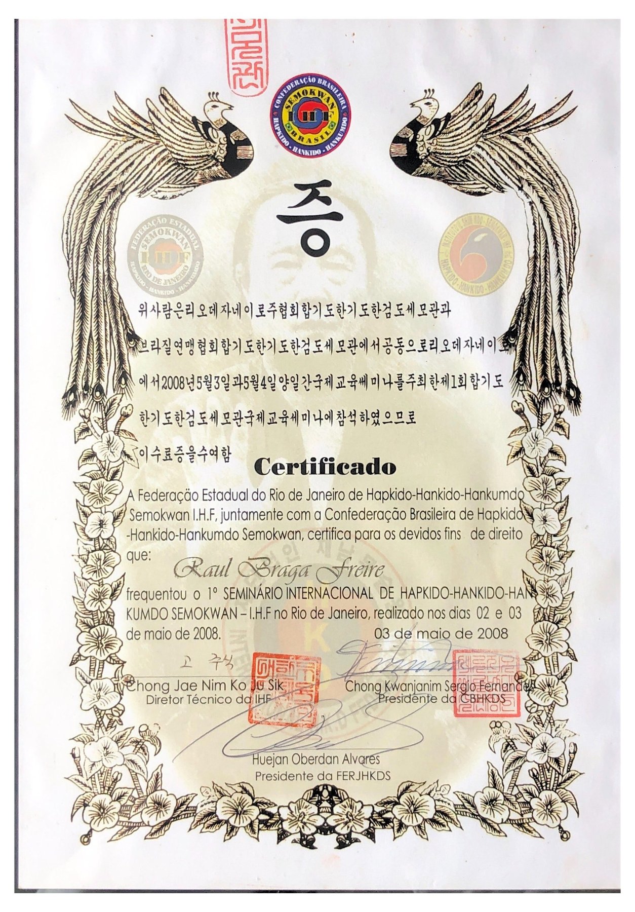 Certificado de filiação da Confederação Semokwan à International Hapkido Federation, 2008