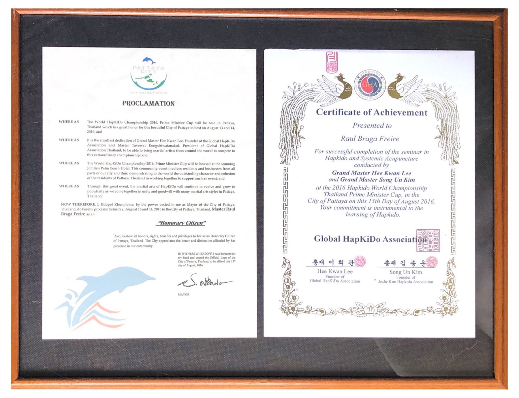 Proclamação de Cidadão Honorário de Pattaya e Certificate of Achievement, Global HapKiDo Association, Tailândia, 2016