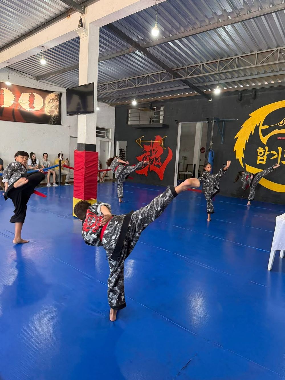 Crianças treinando chutes em fileira no dojang