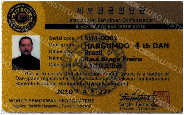 Certificado de 4º DAN de Hangumdo, Confederação Internacional Semokwan, 2010