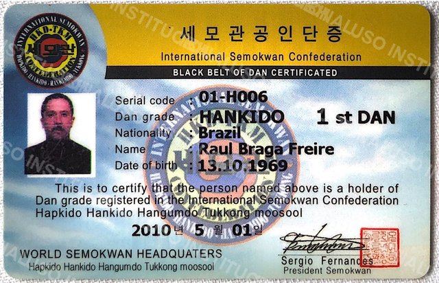 Certificado de 1º DAN de Hankido, Confederação Internacional Semokwan, 2010