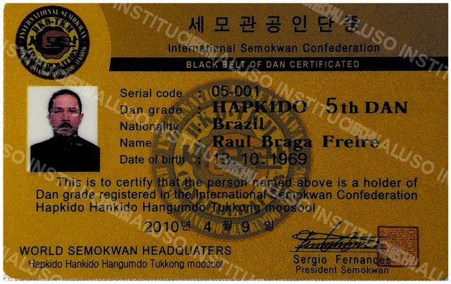 Certificado de 5º DAN de Hapkido, Confederação Internacional Semokwan, 2010