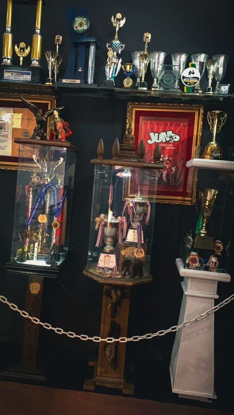 Vitrine de troféus e medalhas conquistados pelo Instituto Brasileiro de Hapkido